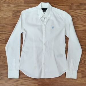 Ralph Lauren Women's White Dress Shirt with Blue Logo